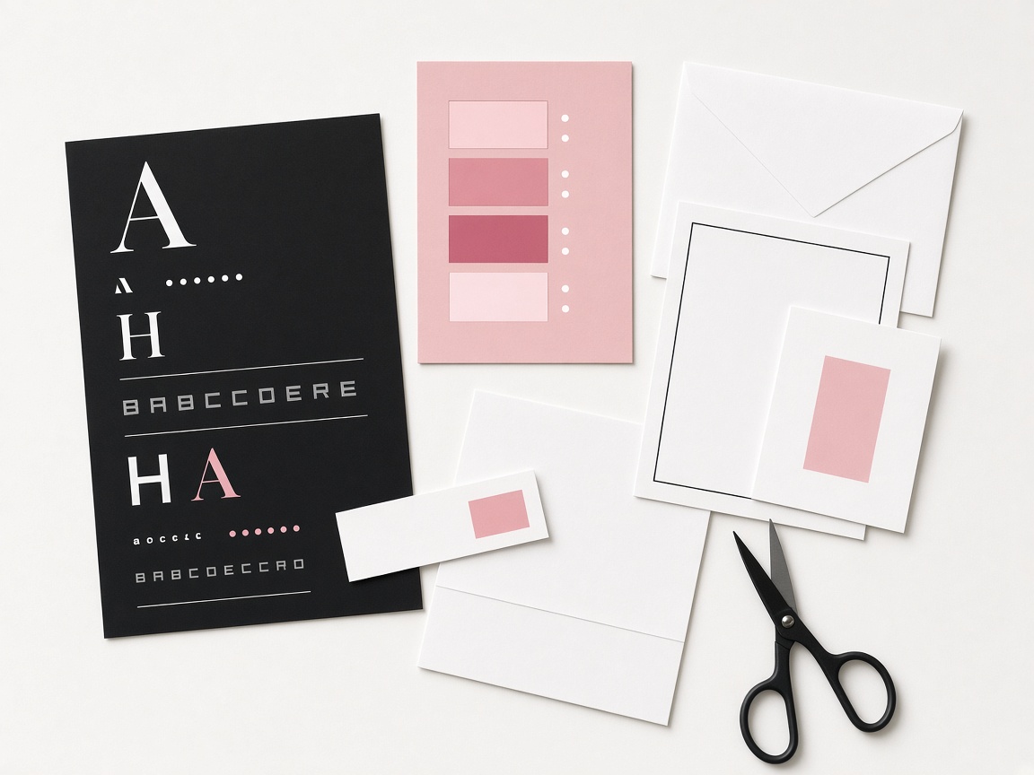 Brand boards, a pink colour card, white envelopes and black scissors on a white table.