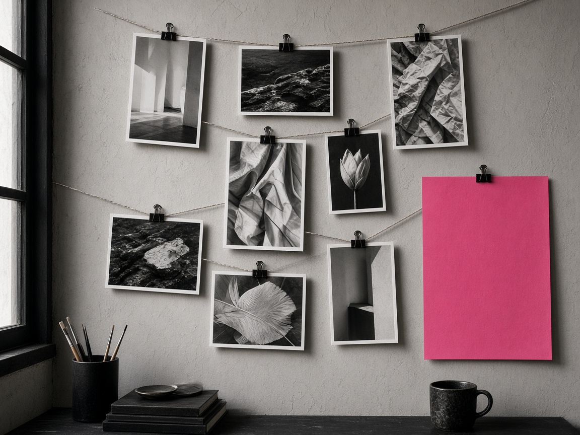 Black and white photographs clipped to a studio wall beside a blank pink sheet.
