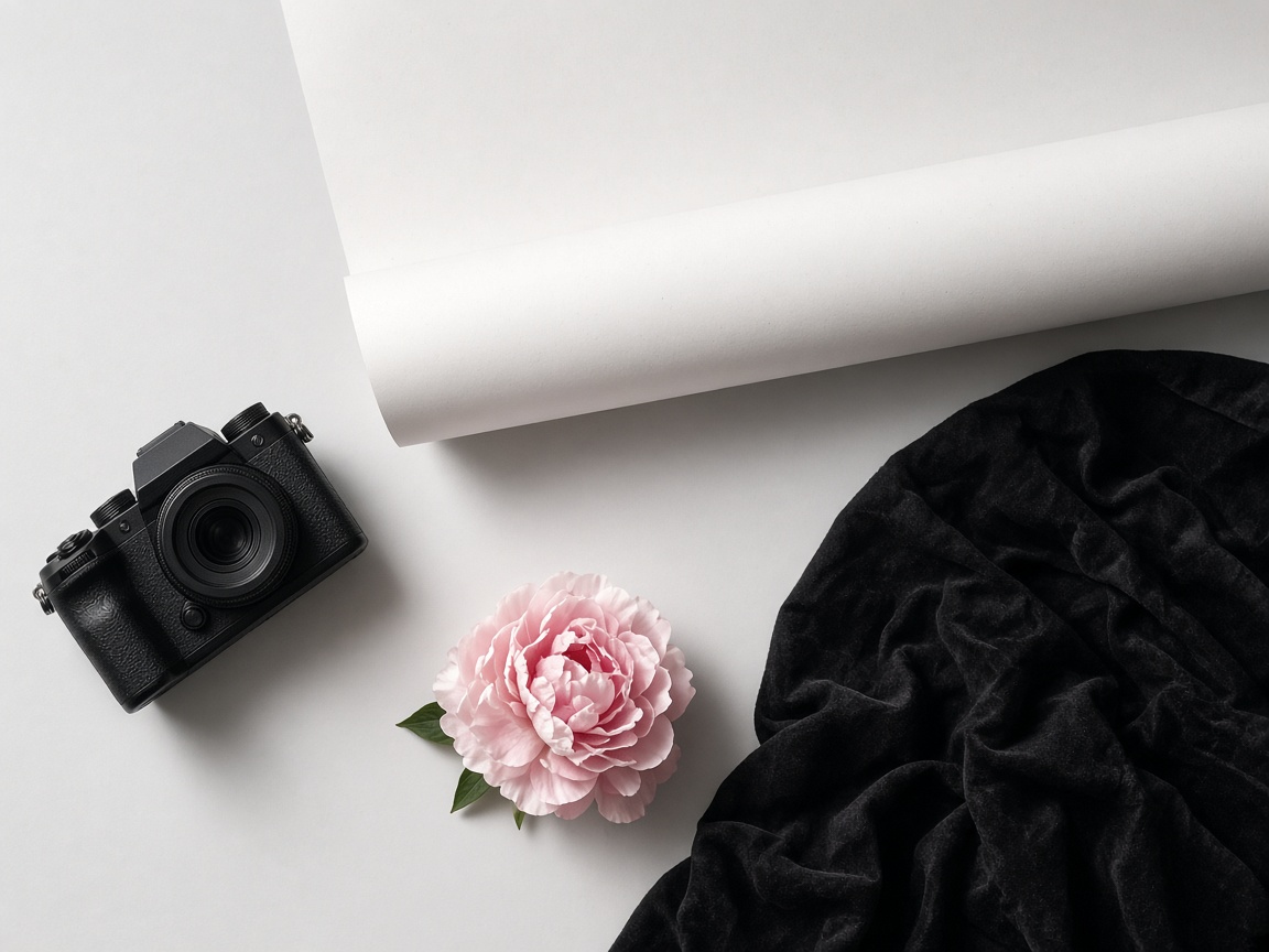 A black camera, a pink flower, black velvet and a roll of white paper.
