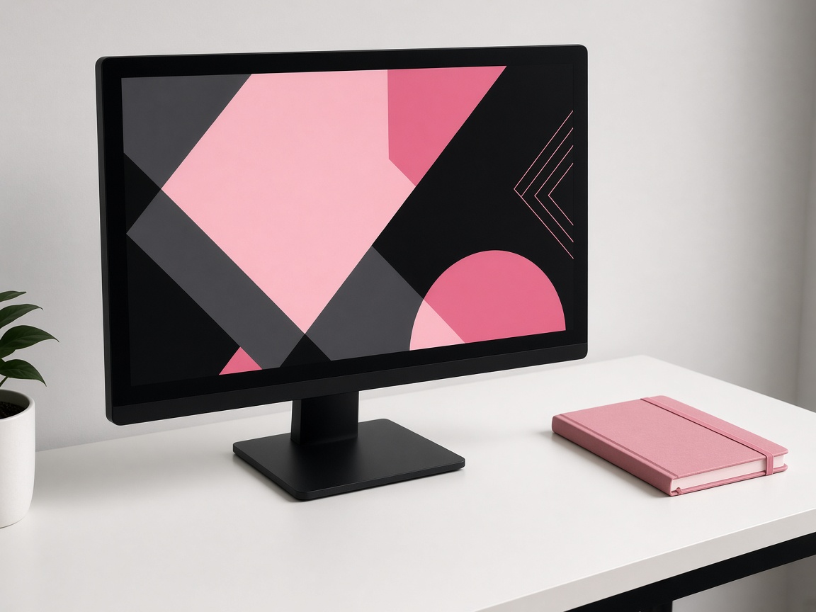 A monitor showing a pink and black geometric layout, with a pink notebook on a white desk.