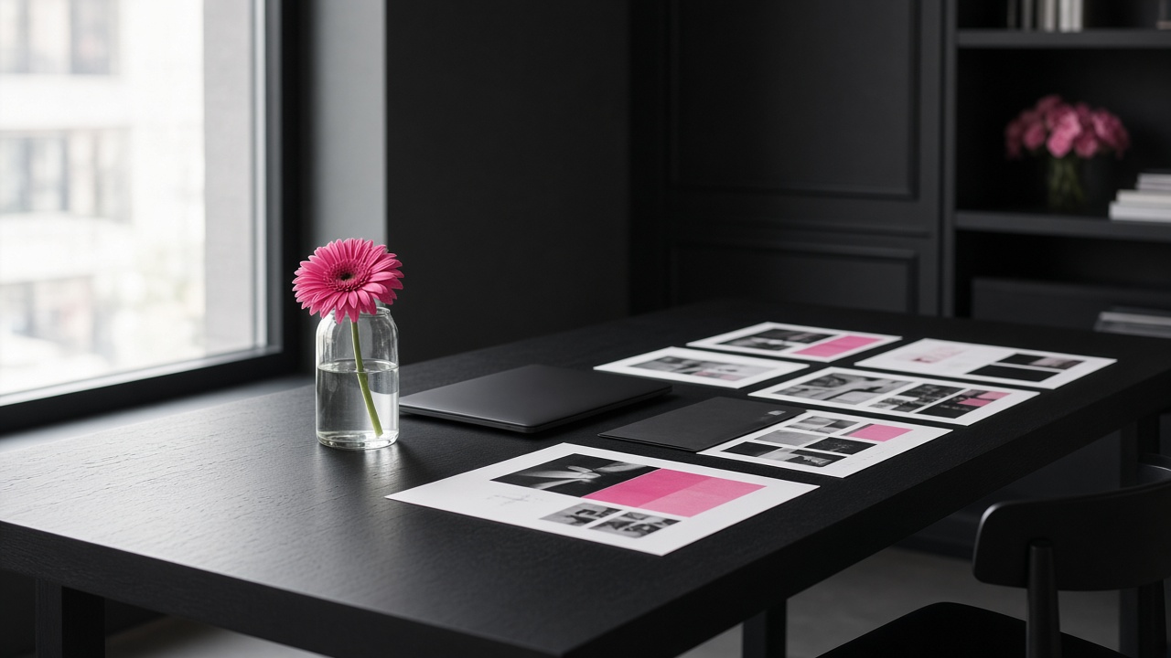 A black studio table with printed layouts, a closed laptop, and a single pink gerbera in a glass vase.