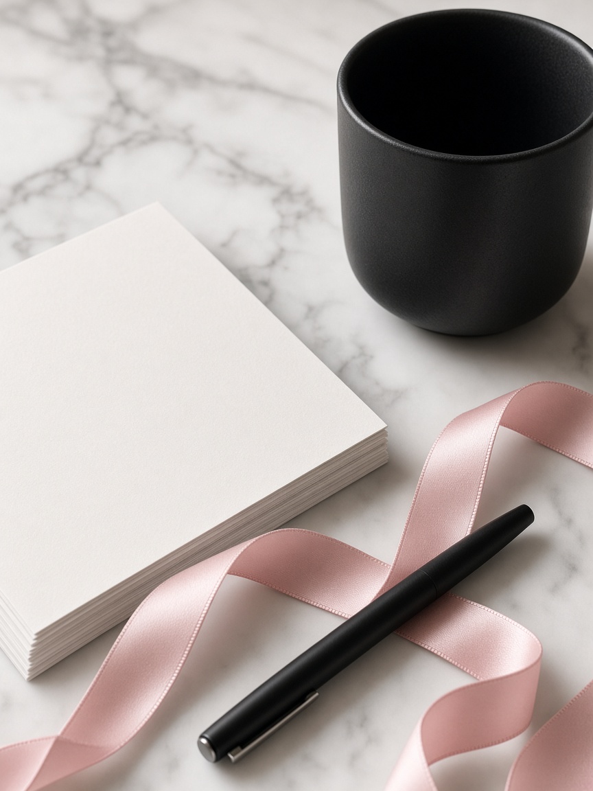White paper, a black cup, a black pen and a pale pink ribbon on marble.