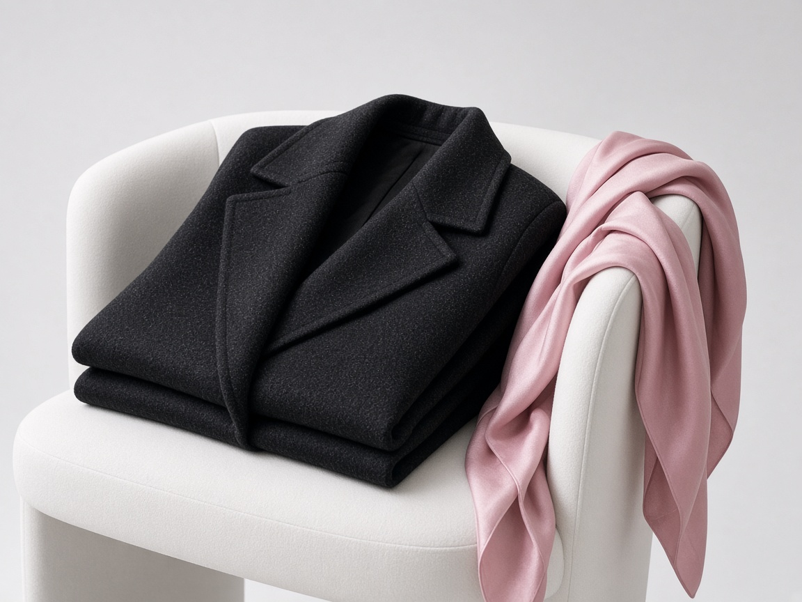 A black coat and a pink silk scarf folded on a white chair.