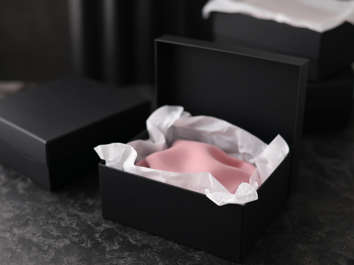 Open black boxes lined with white tissue and pale pink paper.