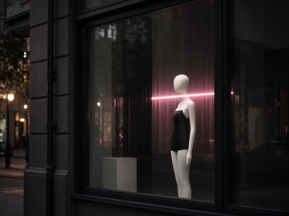 A dusk shop window with a white mannequin and a horizontal pink light.
